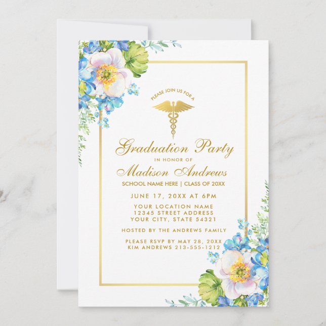 Nurse Gold Blue Floral Grad Party Einladung (Vorderseite)