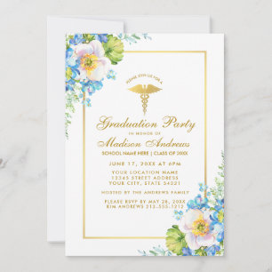 Nurse Gold Blue Floral Grad Party Einladung
