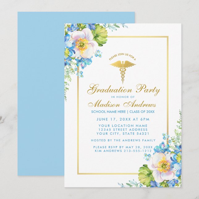 Nurse Gold Blue Floral Grad Party Einladung BG (Vorne/Hinten)