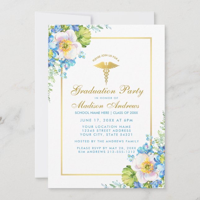 Nurse Gold Blue Floral Grad Party Einladung G (Vorderseite)