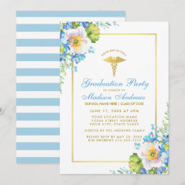 Nurse Gold Blue Floral Grad Party Einladung S