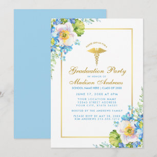 Nurse Gold Blue Floral Grad Party Invitation BG