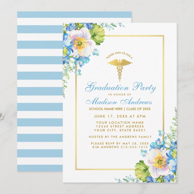 Nurse Gold Blue Floral Grad Party Invitation S (Devant / Derrière)