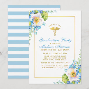 Nurse Gold Blue Floral Grad Party Invitation S