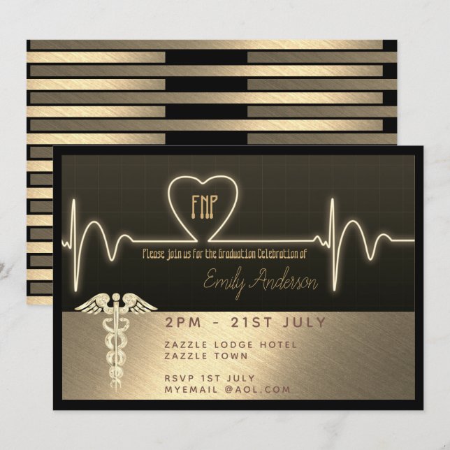 Nurse Graduate Einladung FNP RN - Black Gold Metal (Vorne/Hinten)