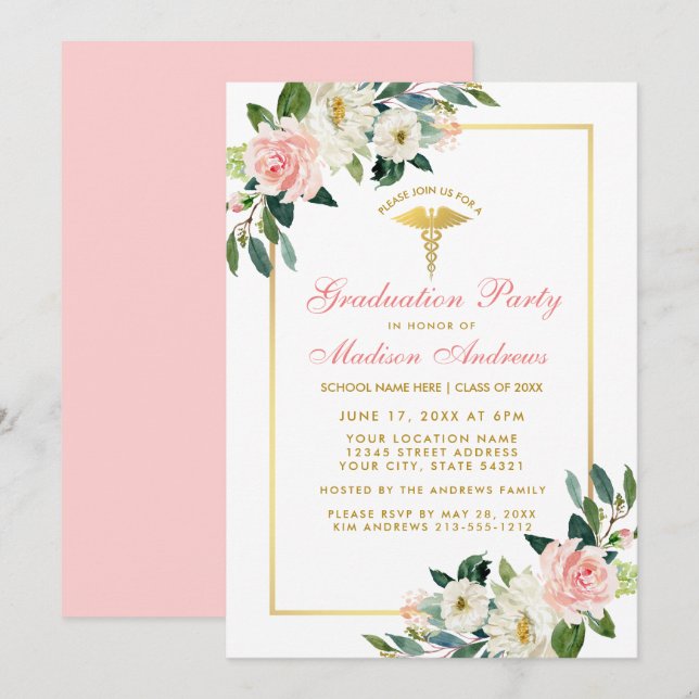 Nurse Graduation Party Rosa Floral Gold Einladung  (Vorne/Hinten)