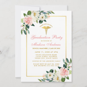 Nurse Graduation Party Rosa Floral Gold Einladung 