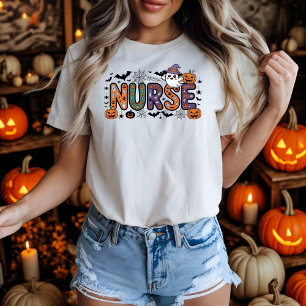 Nurse Halloween Cartoon Spooky Letters Design T-Shirt