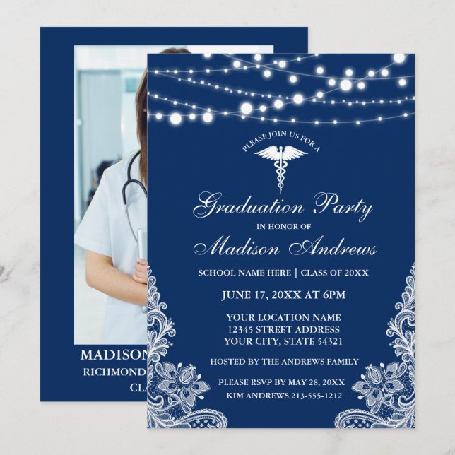 Nurse Lace Blue Grad Party Einladung - Back Foto (Vorne/Hinten)