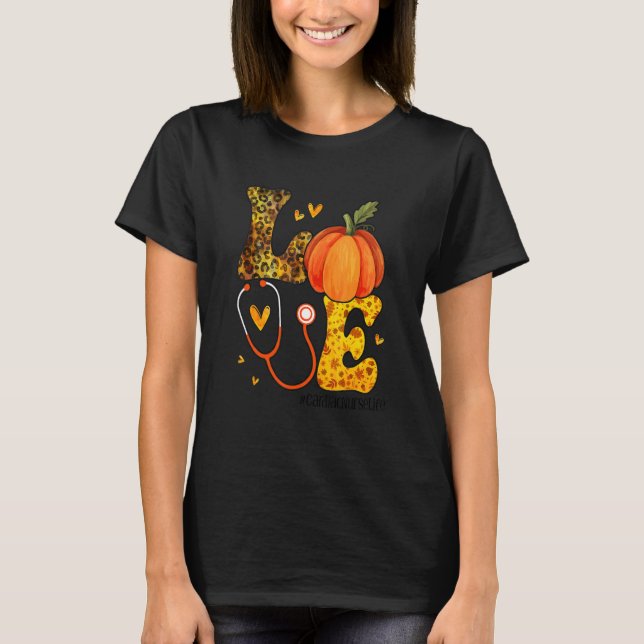 Nurse Leopard Pumpkin Thanksgiving Love Cardiac Nu T-Shirt (Vorderseite)