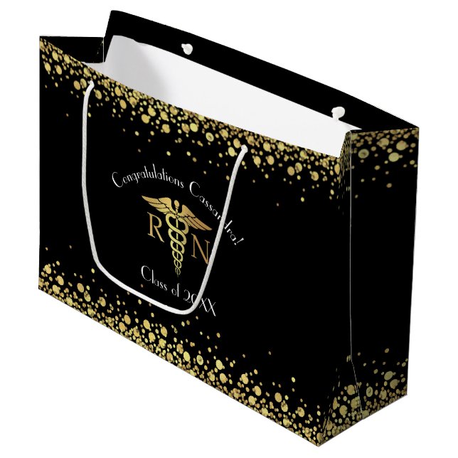 Nurse Nursing School Graduation Party Black Gold Große Geschenktüte (Vorderseite Schrägansicht)