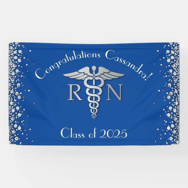 Nurse Nursing School Graduation Party Blue Silver Banner (Horizontal)