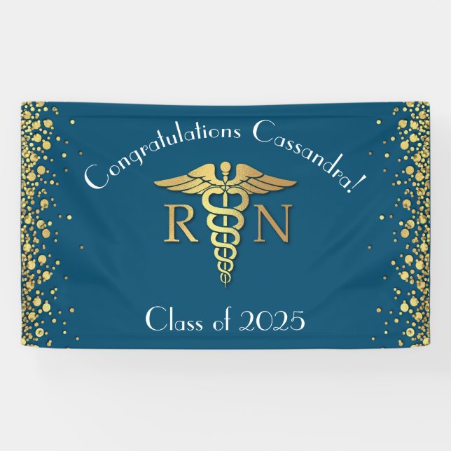 Nurse Nursing School Graduation Party Gold Blue Banner (Horizontal)