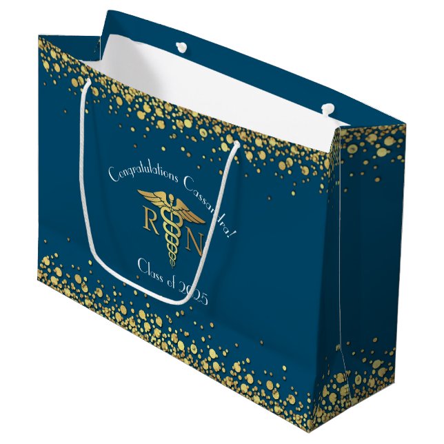 Nurse Nursing School Graduation Party Gold Blue Große Geschenktüte (Vorderseite Schrägansicht)