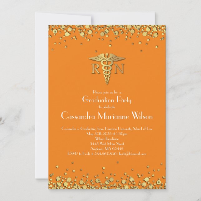 Nurse Nursing School Graduation Party Orange Gold Einladung (Vorderseite)