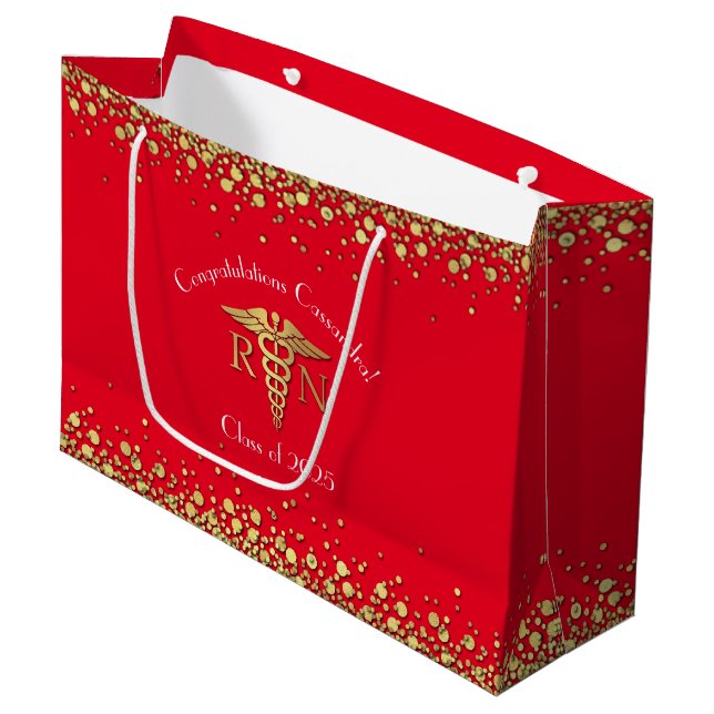 Nurse Nursing School Graduation Party Red Gold Große Geschenktüte (Vorderseite Schrägansicht)