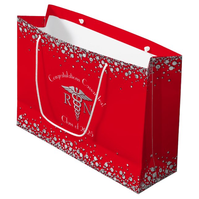 Nurse Nursing School Graduation Party Red Silver Große Geschenktüte (Vorderseite Schrägansicht)
