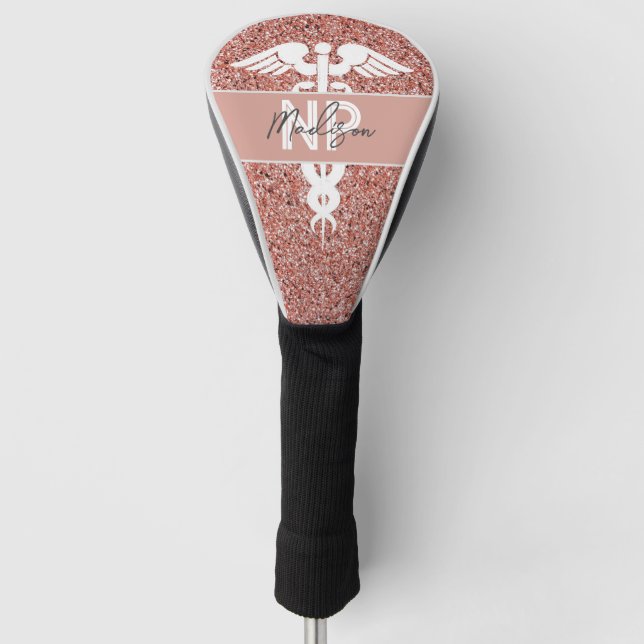 Nurse Practitioner Rose Gold Glitzer Personalisier Golf Headcover (Vorderseite)