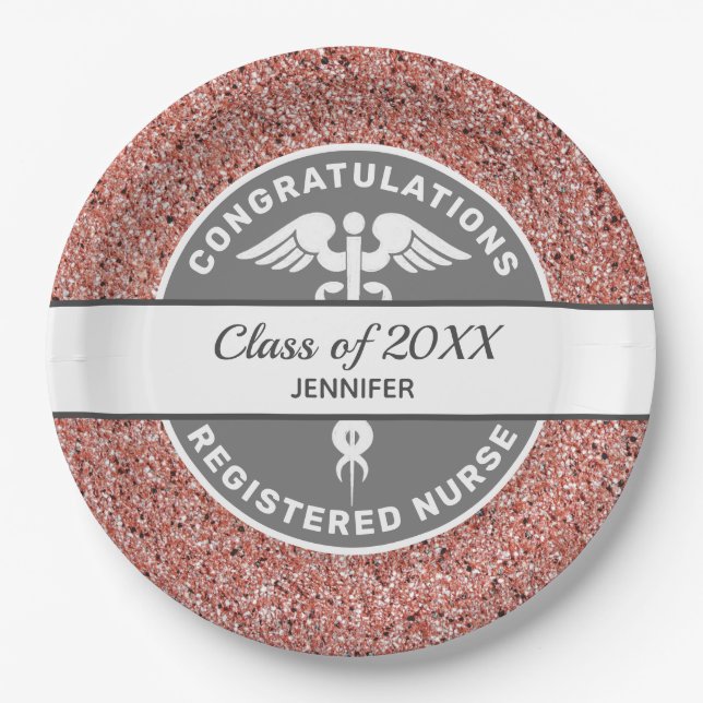 Nurse RN Abschluss Rose Gold Glitzer Personalisier Pappteller (Vorderseite)