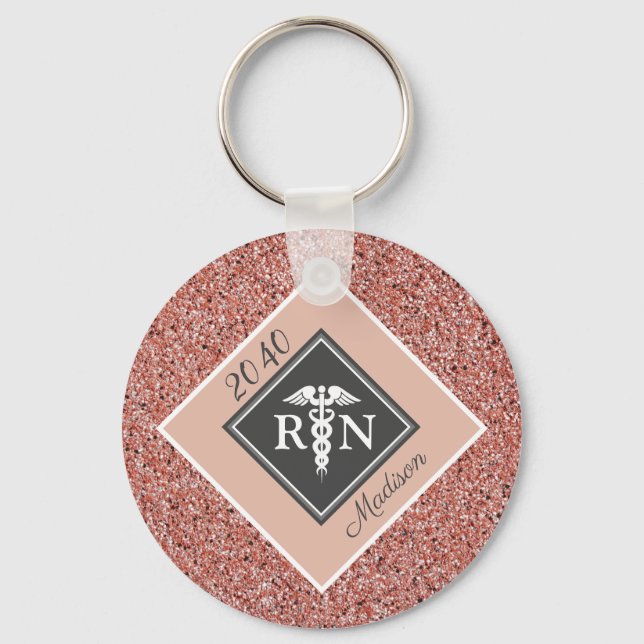 Nurse RN Abschluss Rose Gold Glitzer Personalisier Schlüsselanhänger (Vorderseite)