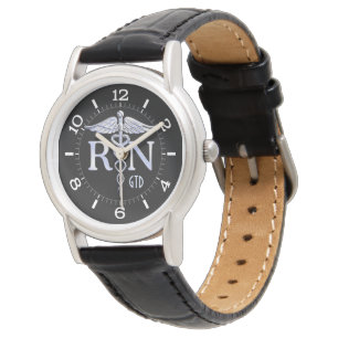Nurse RN Caduceus Monogram Dial Style auf schwarz Armbanduhr