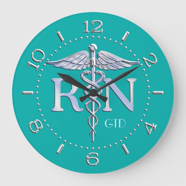 Nurse RN Caduceus Monogram Dial Style on Turquoise Große Wanduhr (Vorderseite)
