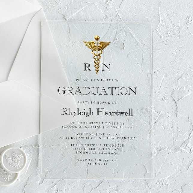 Nurse RN Gold Caduceus Graduation Party Acryleinladungen (Von Creator hochgeladen)