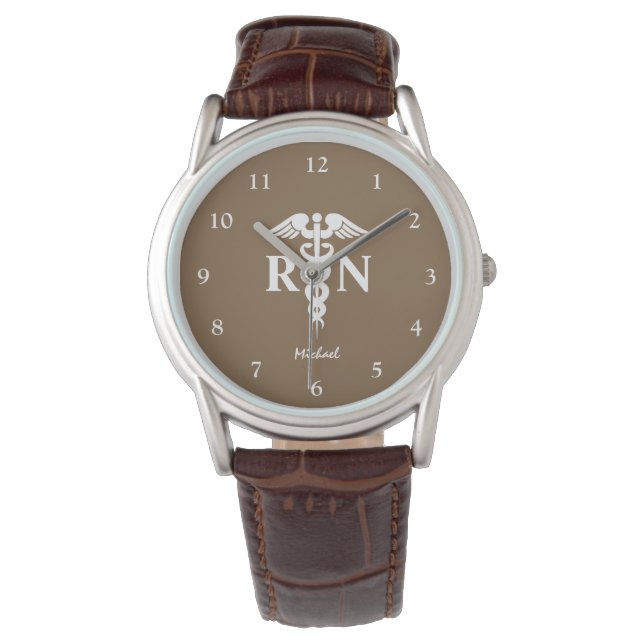 Nurse RN Graduate Medical Caduceus Mens Brown Armbanduhr (Vorderseite)