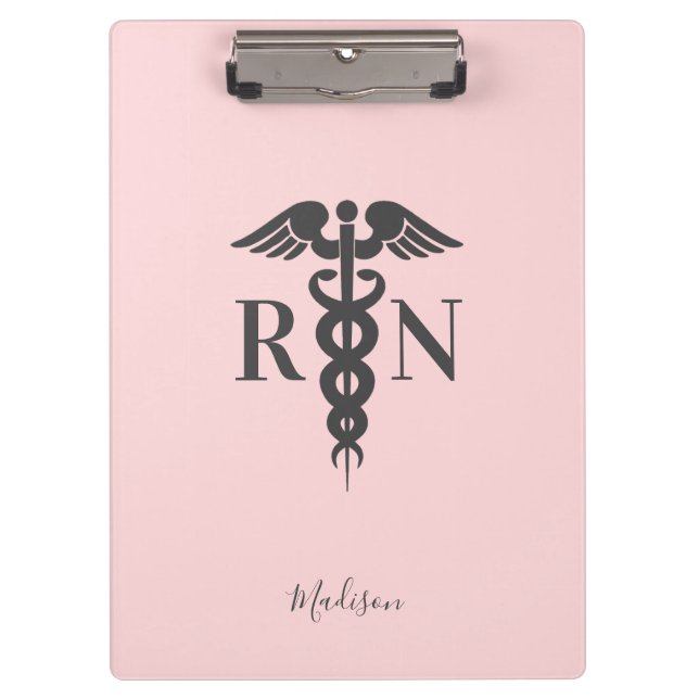 Nurse RN Medical Blush Pink Caduceus Personalisier Klemmbrett (Vorderseite)