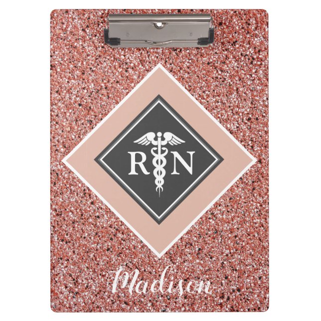 Nurse RN Rose Gold Glitzer Script Personalisiert Klemmbrett (Vorderseite)