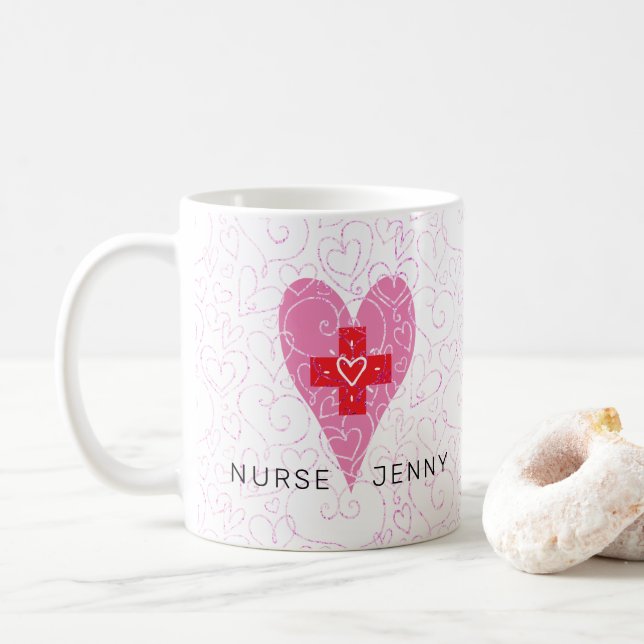 Nurse Rosa Herz Personalisiert Kaffeetasse (Mit Donut)