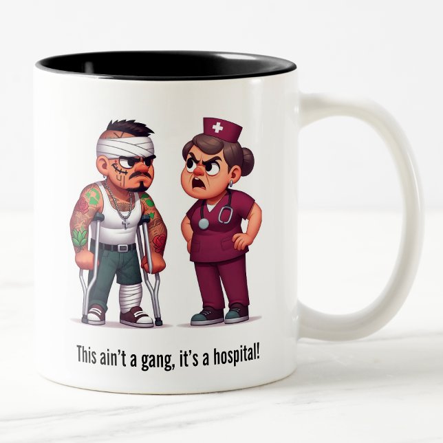 Nurse Schooling the Tough Gang Member Patient Zweifarbige Tasse (Von Creator hochgeladen)
