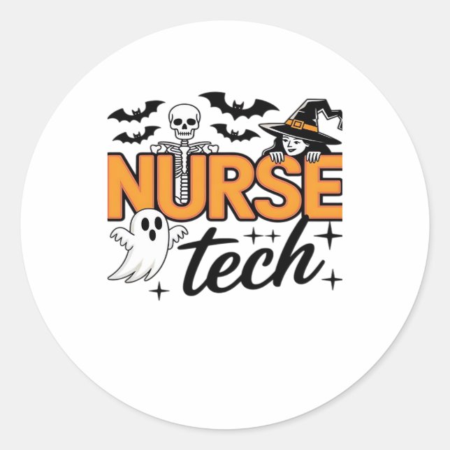 Nurse Tech - Halloween - with skeleton, witch, and Runder Aufkleber (Vorderseite)