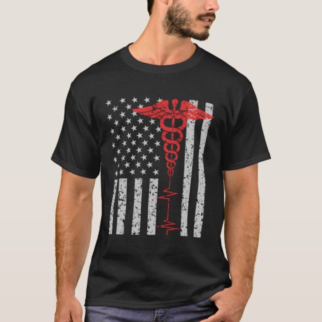 Nurse Thin Red Line Caduceus American Flag T-Shirt (Vorderseite)