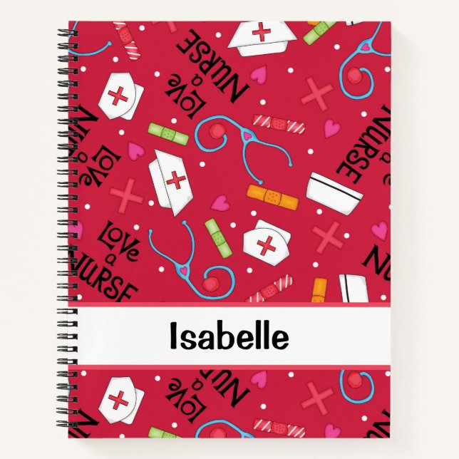 Nurse Whimsy Medizin Art Roter Name Personalisiert Notizbuch (Vorderseite)