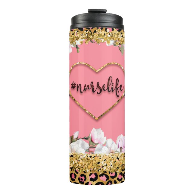 Nurselife Gold Glitter Cheetah Print Thermosbecher (Vorderseite)