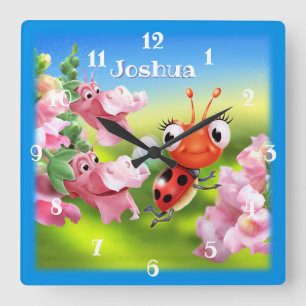 Nursery clock Ladybug in the flower garden. Quadratische Wanduhr