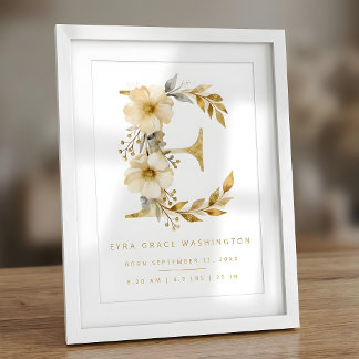 Nursery Cute Romantic Floral E Letter Gold Glitter Poster