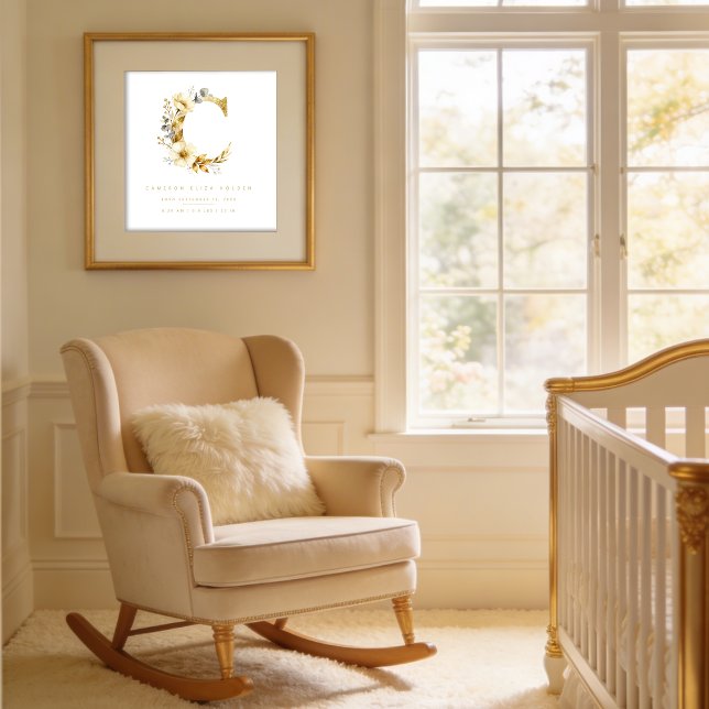 Nursery Romantic Floral C Letter Gold Effect Poster (Delicate Romantic Floral C Letter in Gold Glitter Effect Posters for Nursery Decor.)