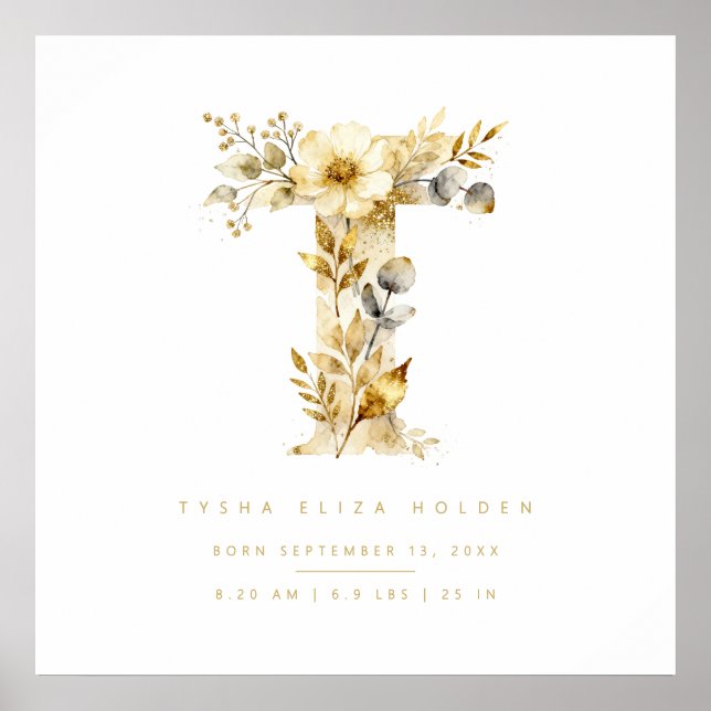 Nursery Romantic Floral T Letter Gold Effect Poster (Vorne)