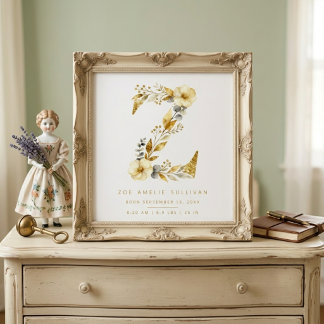 Nursery Süße Romantische Florale Z Buchstabe Gold Poster