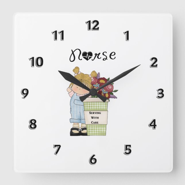 Nurses Serving With Care Quadratische Wanduhr (Vorderseite)