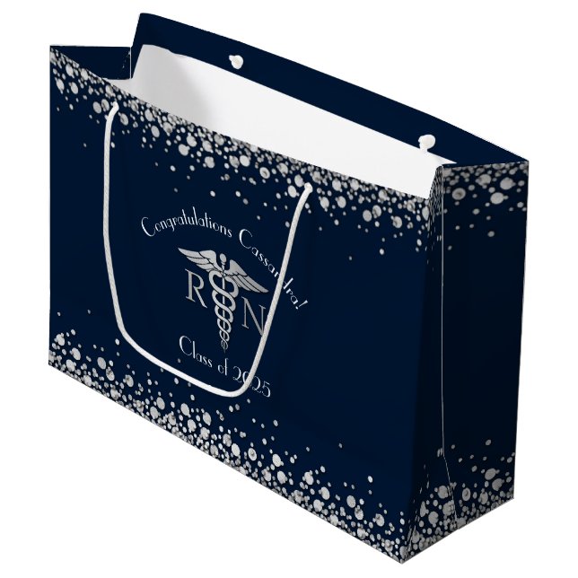 Nursing School Abschluss Navy Blue Silver Große Geschenktüte (Vorderseite Schrägansicht)