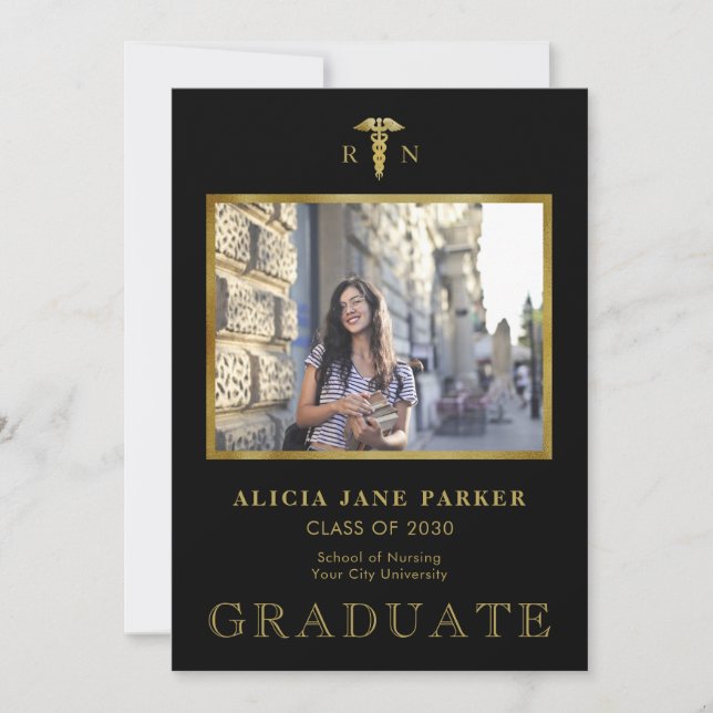 Nursing school graduation photo gold black ankündigung (Vorderseite)