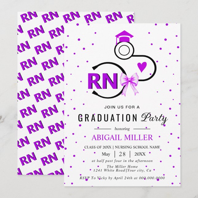 Nursing shool stethoscope purple RN graduation Einladung (Vorne/Hinten)