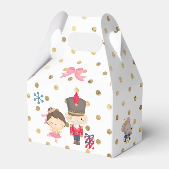 Nutcracker auf dem weißen und goldenen Polka-Punkt Geschenkschachtel (Vorderseite)