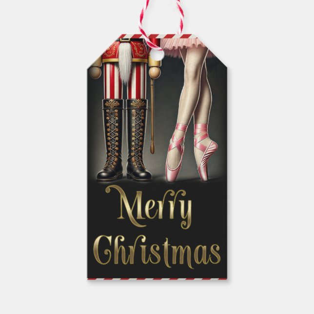 Nutcracker & Ballerina Black Gold Frohe Weihnachte Geschenkanhänger (Vorderseite)