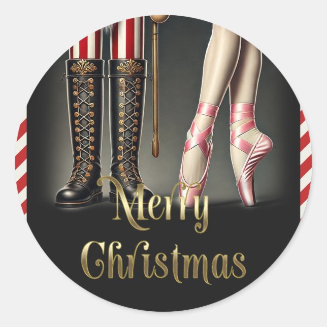 Nutcracker & Ballerina Black Gold Frohe Weihnachte Runder Aufkleber (Vorderseite)