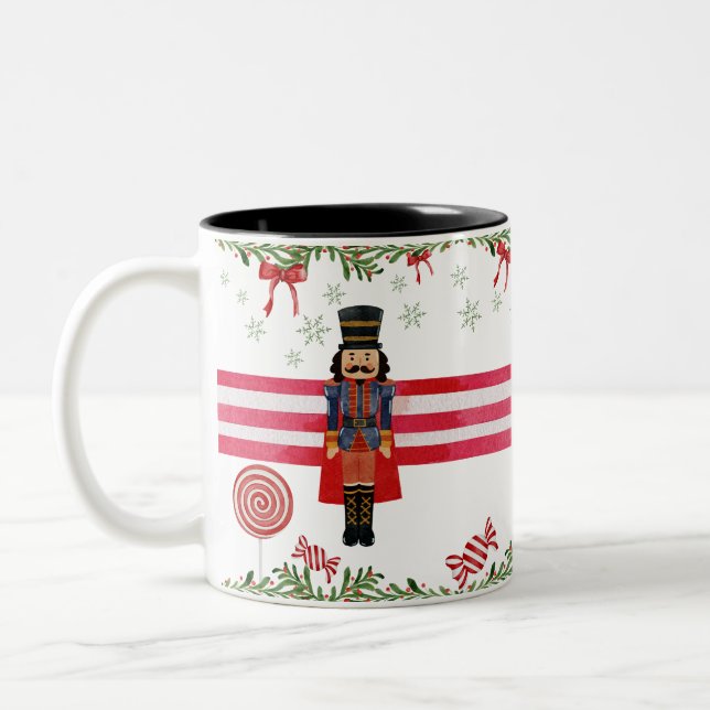 Nutcracker Candy Cane Wreath & Red Bow Holiday Tas Zweifarbige Tasse (Links)