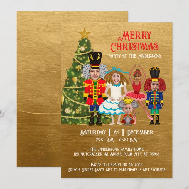 Nutcracker-Familie aus fünf goldenen Weihnachtsbäu Einladung (Vorne/Hinten)